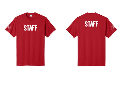 NYC Factory Custom Logo Staff T-Shirt, Bold Lettering - Front + Back + Your Logo Sleeve - Red