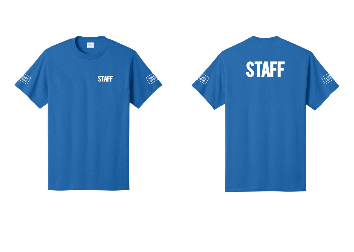 NYC Factory Custom Logo Staff T-Shirt, Bold Lettering - Chest + Back + Your Logo Sleeves - Royal