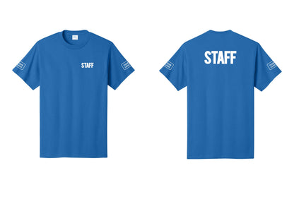 NYC Factory Custom Logo Staff T-Shirt, Bold Lettering - Chest + Back + Your Logo Sleeves - Royal