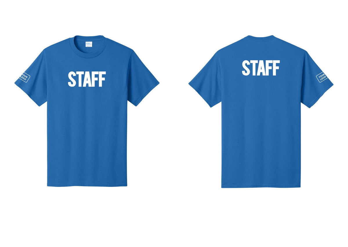NYC Factory Custom Logo Staff T-Shirt, Bold Lettering - Front + Back + Your Logo Sleeve - Royal