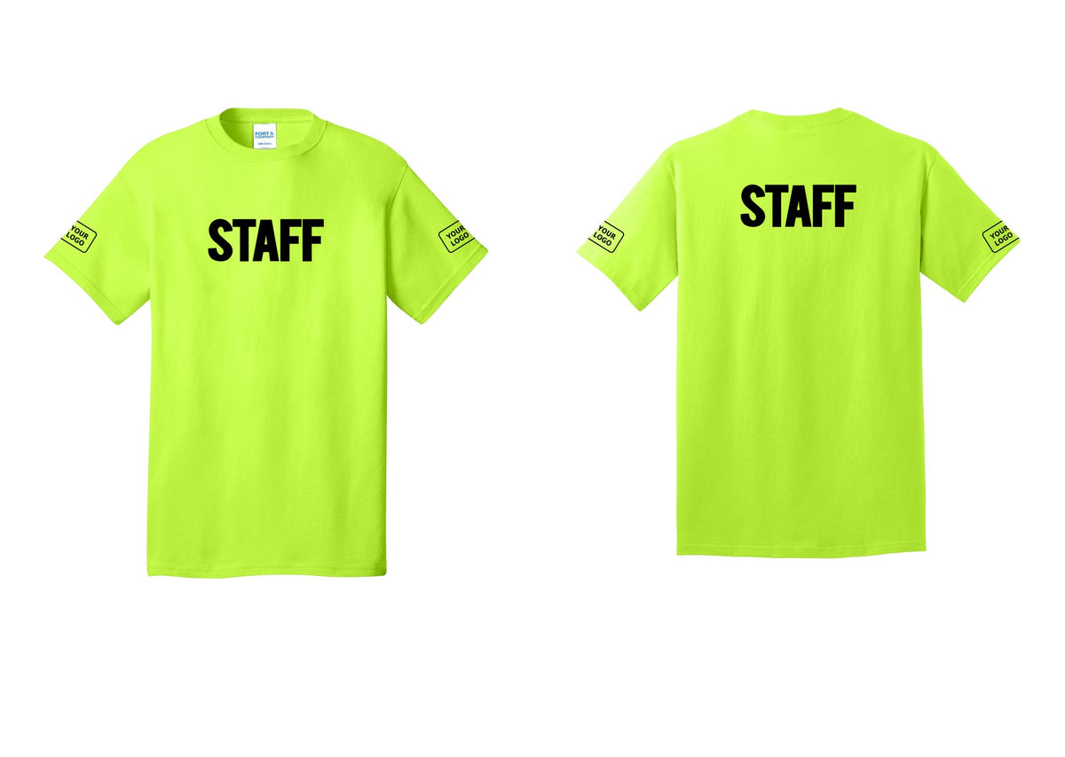 NYC Factory Custom Logo Staff T-Shirt, Bold Lettering - Front + Back + Your Logo Sleeves - Safety Green