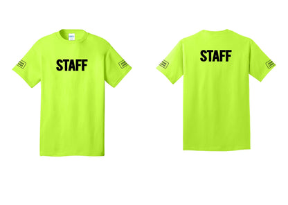 NYC Factory Custom Logo Staff T-Shirt, Bold Lettering - Front + Back + Your Logo Sleeves - Safety Green