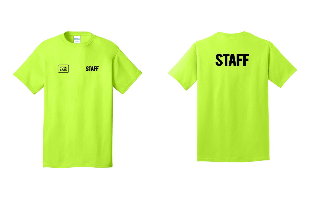 NYC Factory Custom Logo Staff T-Shirt, Bold Lettering - STAFF + Your Logo + Back - Safety Green