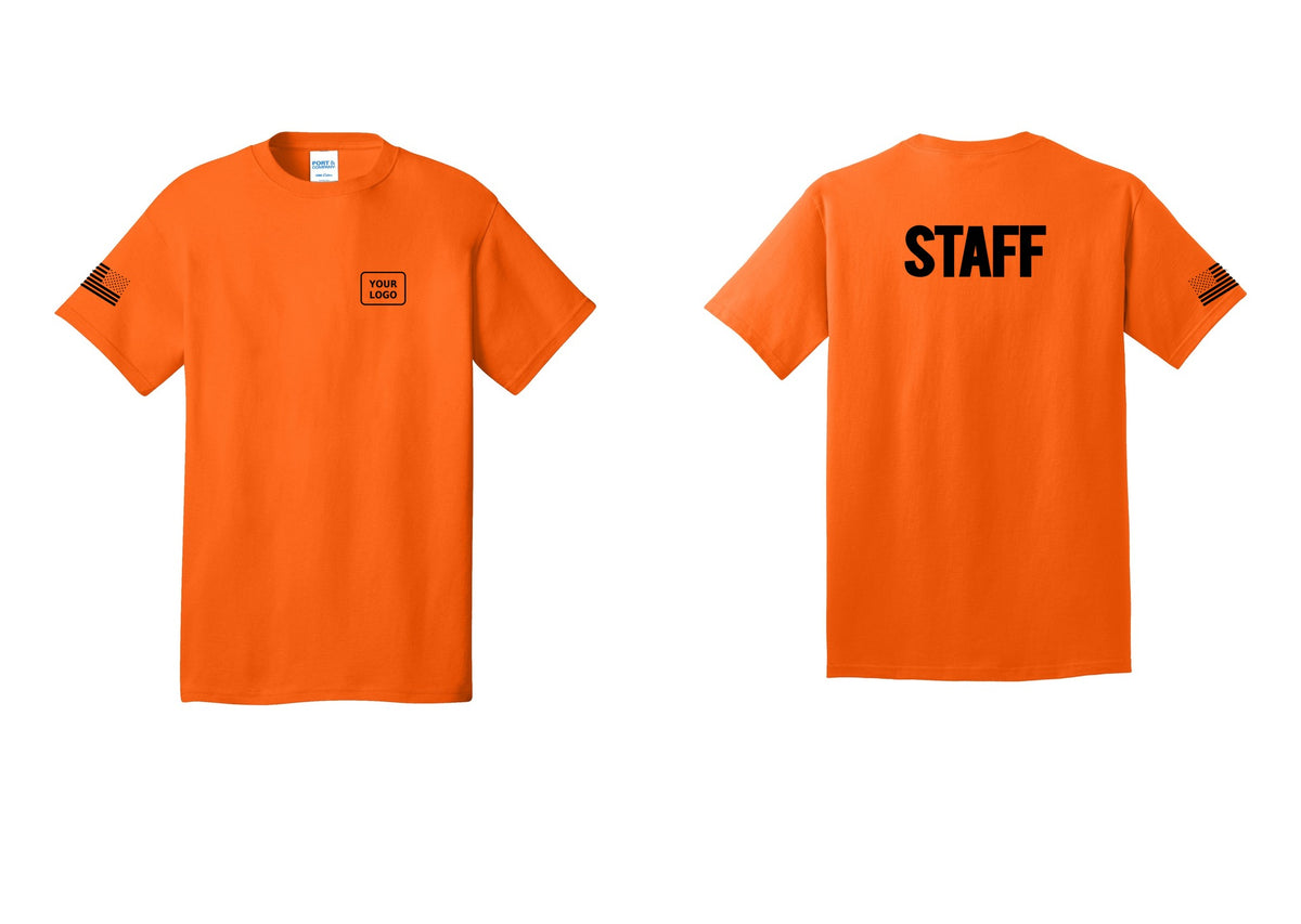 NYC Factory Custom Logo Staff T-Shirt, Bold Lettering - Your Logo + Back + US Flag Sleeve - Safety Orange