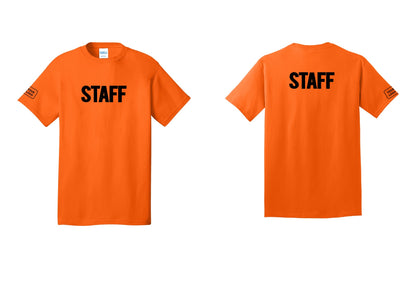 NYC Factory Custom Logo Staff T-Shirt, Bold Lettering - Front + Back + Your Logo Sleeve - Safety Orange
