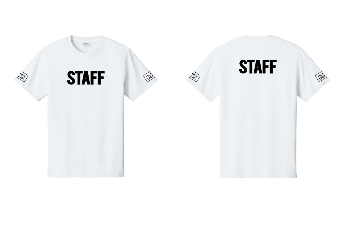 NYC Factory Custom Logo Staff T-Shirt, Bold Lettering - Front + Back + Your Logo Sleeves - White
