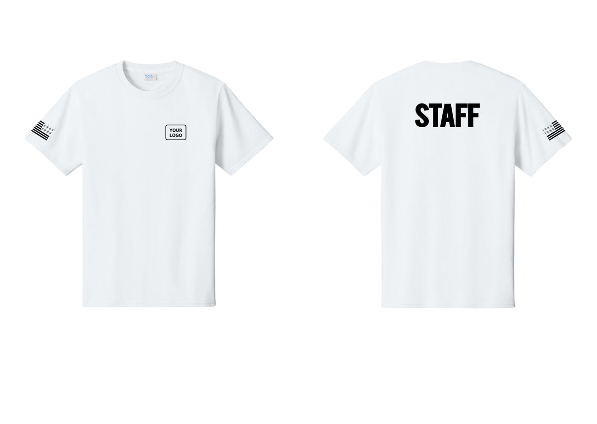 NYC Factory Custom Logo Staff T-Shirt, Bold Lettering - Your Logo + Back + US Flag Sleeve - White