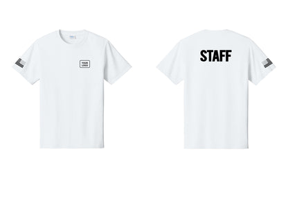 NYC Factory Custom Logo Staff T-Shirt, Bold Lettering - Your Logo + Back + US Flag Sleeve - White