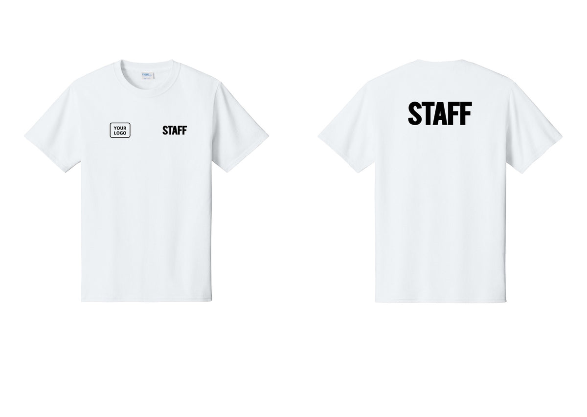 NYC Factory Custom Logo Staff T-Shirt, Bold Lettering - STAFF + Your Logo + Back - White