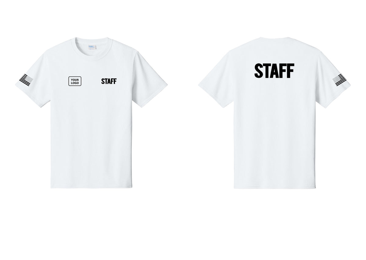 NYC Factory Custom Logo Staff T-Shirt, Bold Lettering - STAFF + Your Logo + Back + US Flag Sleeve - White
