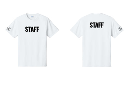 NYC Factory Custom Logo Staff T-Shirt, Bold Lettering - Front + Back + Your Logo Sleeve - White