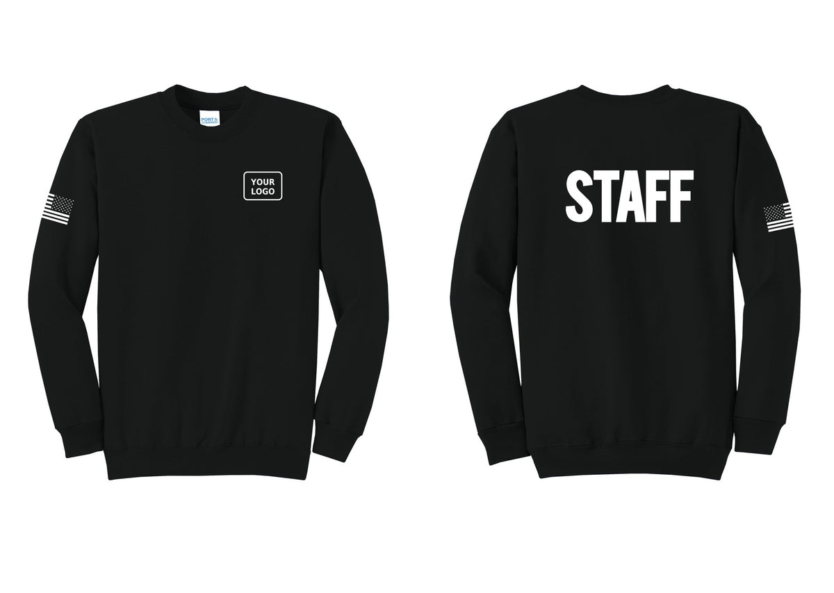 NYC Factory Custom Logo Staff Cotton Fleece Crewneck Sweatshirt (Bold) - Your Logo + Back + US Flag Sleeve - Black
