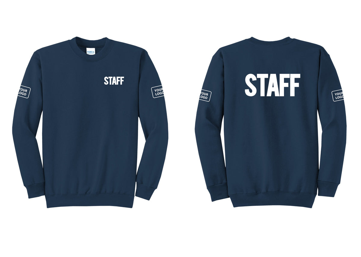 NYC Factory Custom Logo Staff Cotton Fleece Crewneck Sweatshirt (Bold) - Chest + Back + Your Logo Sleeves - Navy