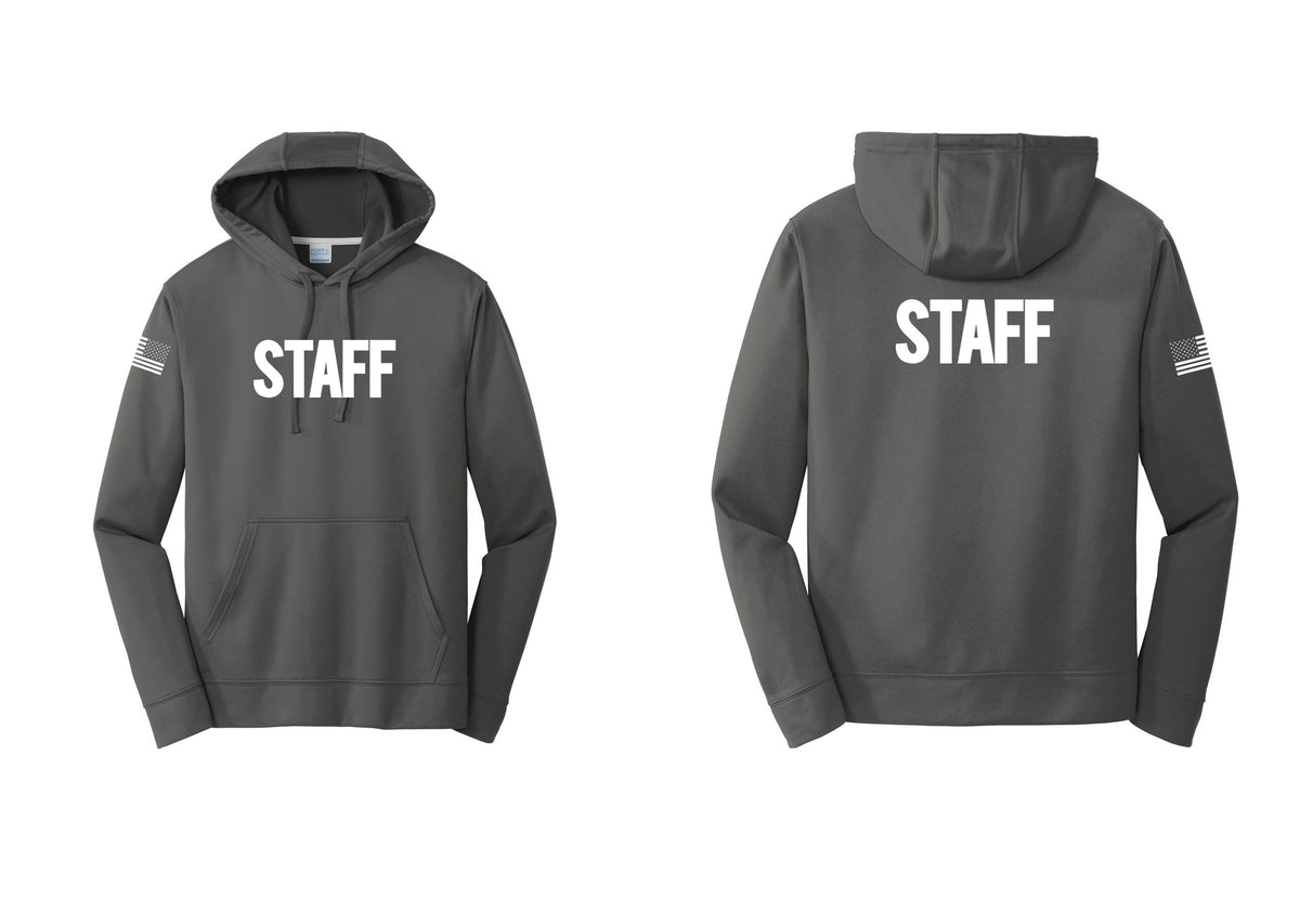 NYC Factory Staff Performance Hooded Fleece Pullover Sweatshirt (Bold) - Front + Back + US Flag Sleeve - Charcoal