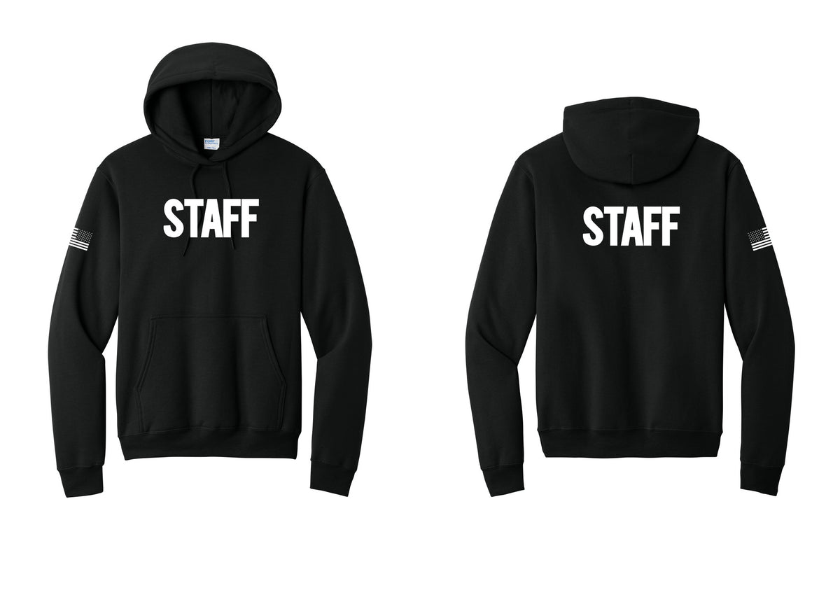NYC Factory Staff Cotton Fleece Pullover Hoodie (Bold) - Front + Back + US Flag Sleeve - Black
