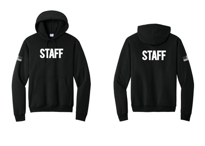 NYC Factory Staff Cotton Fleece Pullover Hoodie (Bold) - Front + Back + US Flag Sleeve - Black