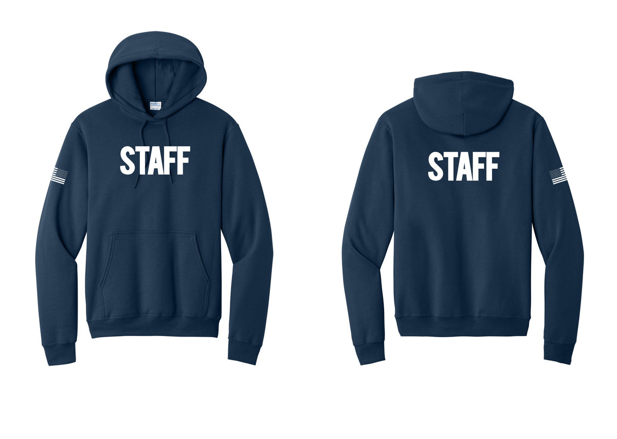 NYC Factory Staff Cotton Fleece Pullover Hoodie (Bold) - Front + Back + US Flag Sleeve - Navy