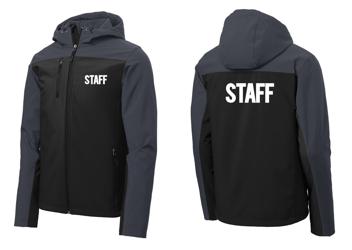 NYC Factory Staff Hooded Soft Shell Jacket (Bold) - Chest + Back - Black / Battleship Grey