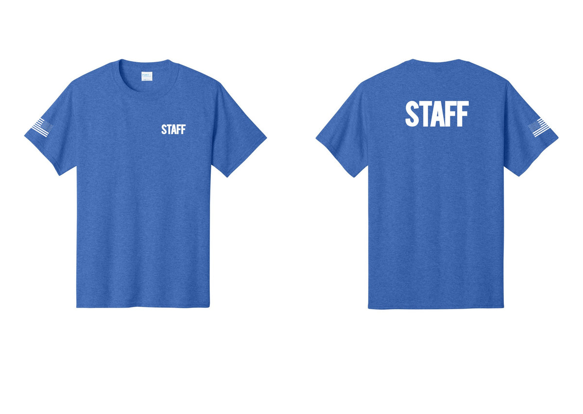 NYC Factory Staff T-Shirt, Bold Lettering - Chest + Back + US Flag Sleeve - Heather Royal