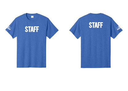NYC Factory Staff T-Shirt, Bold Lettering - Front + Back + US Flag Sleeve - Heather Royal