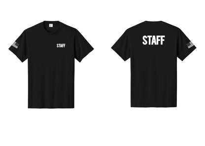 NYC Factory Staff T-Shirt, Bold Lettering - Chest + Back + US Flag Sleeve - Black