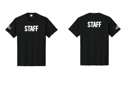 NYC Factory Staff T-Shirt, Bold Lettering - Front + Back + US Flag Sleeve - Black