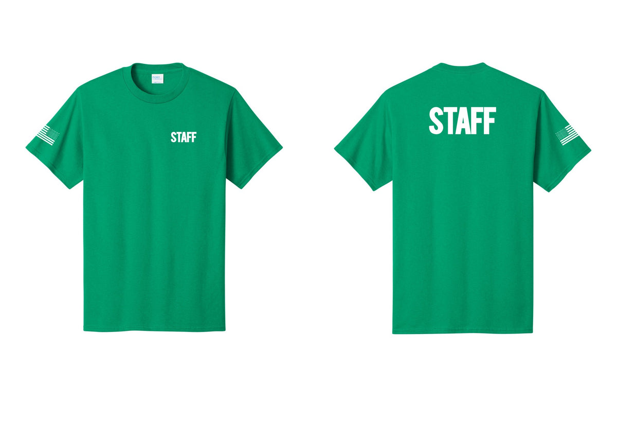 NYC Factory Staff T-Shirt, Bold Lettering - Chest + Back + US Flag Sleeve - Kelly