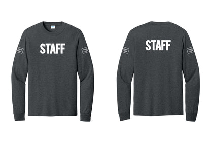 NYC Factory Custom Logo Staff Cotton Long Sleeve T-Shirt (Bold) - Front + Back + Your Logo Sleeves - Dark Heather Grey