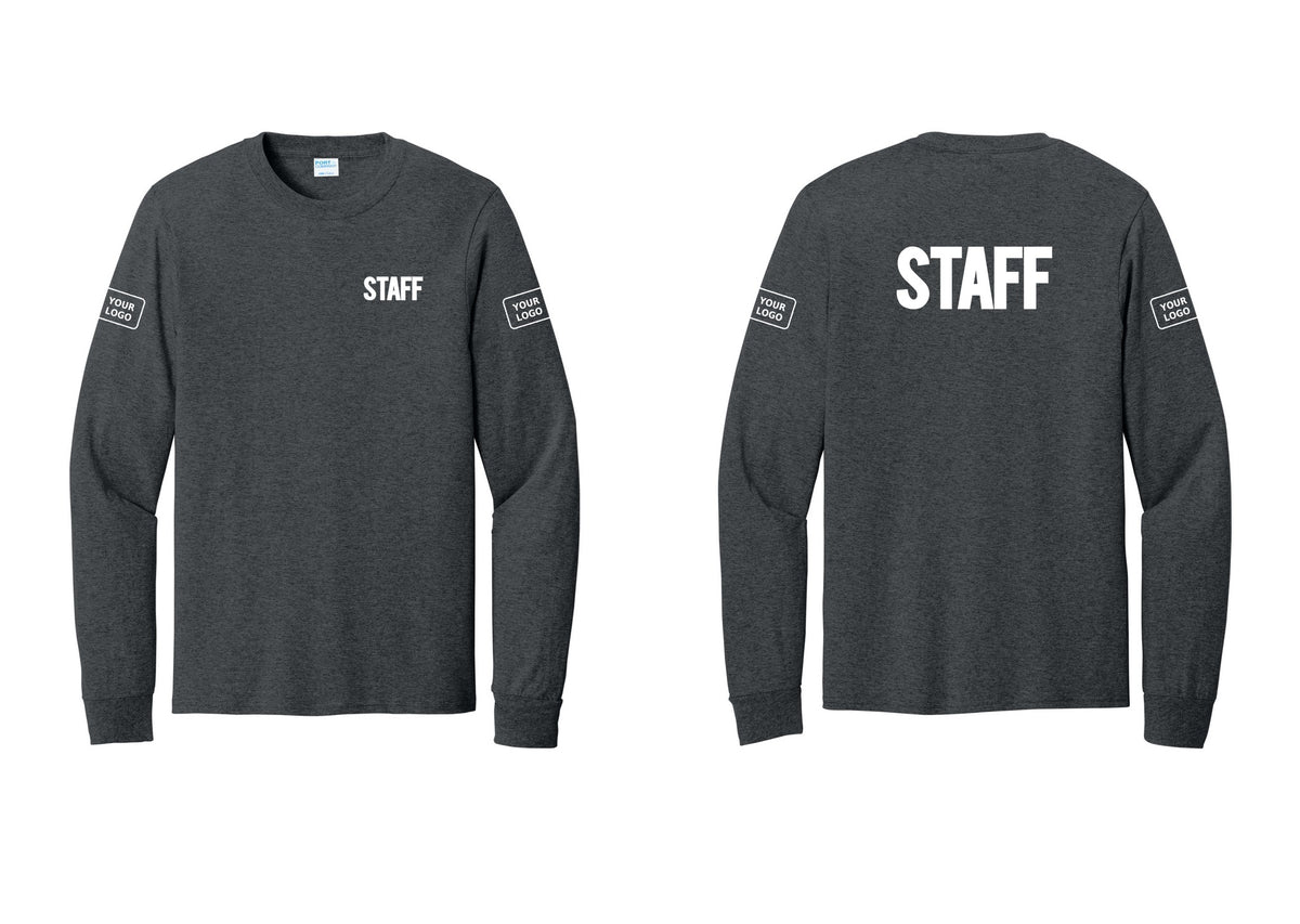 NYC Factory Custom Logo Staff Cotton Long Sleeve T-Shirt (Bold) - Chest + Back + Your Logo Sleeves - Dark Heather Grey