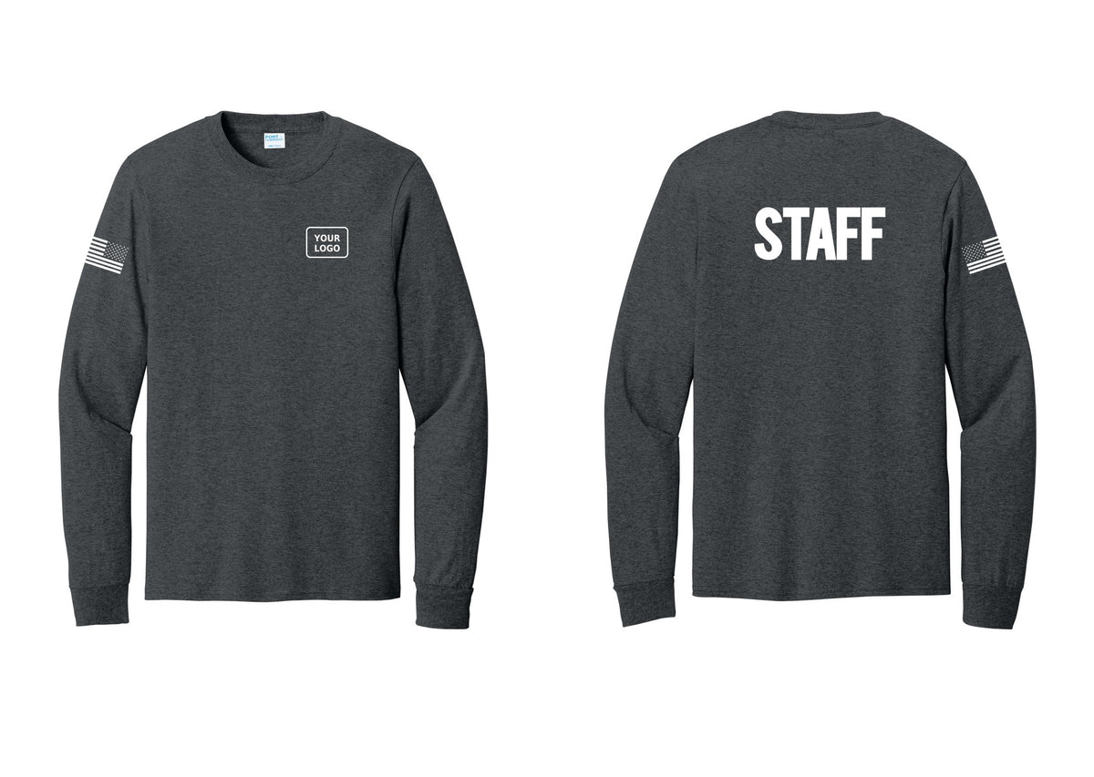 NYC Factory Custom Logo Staff Cotton Long Sleeve T-Shirt (Bold) - Your Logo + Back + US Flag Sleeve - Dark Heather Grey