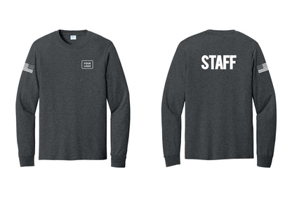 NYC Factory Custom Logo Staff Cotton Long Sleeve T-Shirt (Bold) - Your Logo + Back + US Flag Sleeve - Dark Heather Grey
