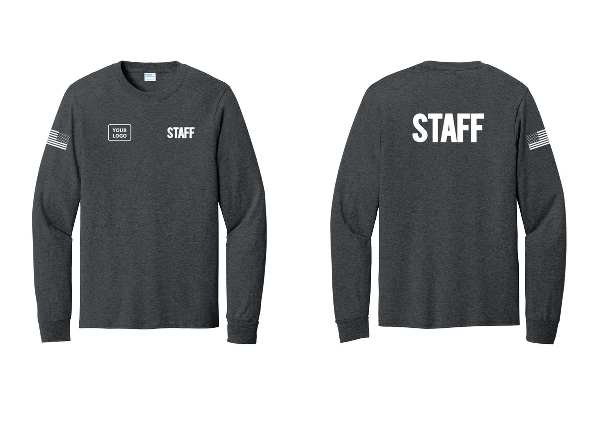 NYC Factory Custom Logo Staff Cotton Long Sleeve T-Shirt (Bold) - STAFF + Your Logo + Back + US Flag Sleeve - Dark Heather Grey