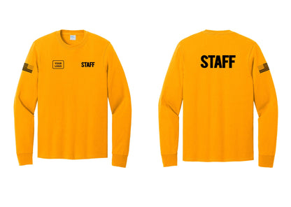 NYC Factory Custom Logo Staff Cotton Long Sleeve T-Shirt (Bold) - STAFF + Your Logo + Back + US Flag Sleeve - Gold
