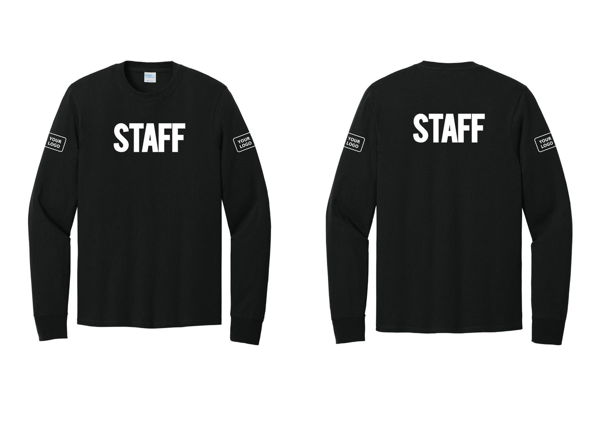 NYC Factory Custom Logo Staff Cotton Long Sleeve T-Shirt (Bold) - Front + Back + Your Logo Sleeves - Black