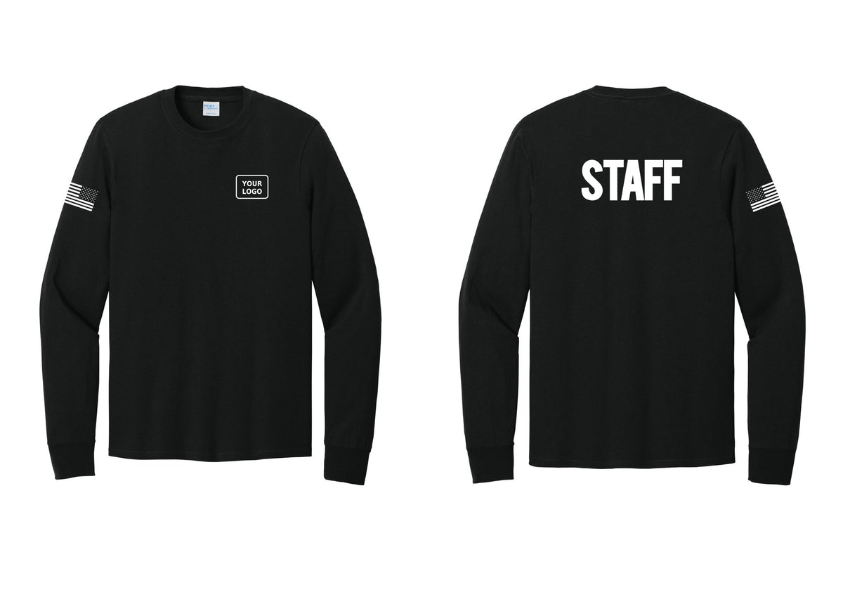 NYC Factory Custom Logo Staff Cotton Long Sleeve T-Shirt (Bold) - Your Logo + Back + US Flag Sleeve - Black