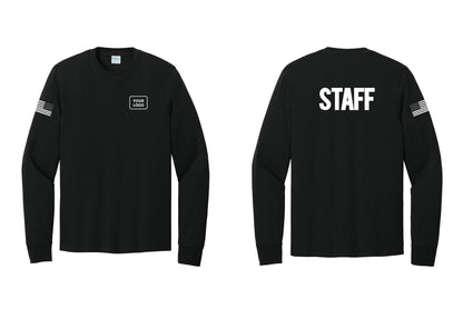 NYC Factory Custom Logo Staff Cotton Long Sleeve T-Shirt (Bold) - Your Logo + Back + US Flag Sleeve - Black