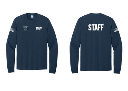 NYC Factory Custom Logo Staff Cotton Long Sleeve T-Shirt (Bold) - STAFF + Your Logo + Back + US Flag Sleeve - Navy