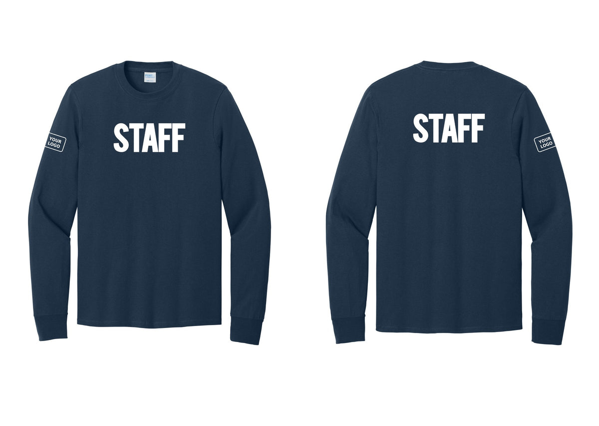 NYC Factory Custom Logo Staff Cotton Long Sleeve T-Shirt (Bold) - Front + Back + Your Logo Sleeve - Navy