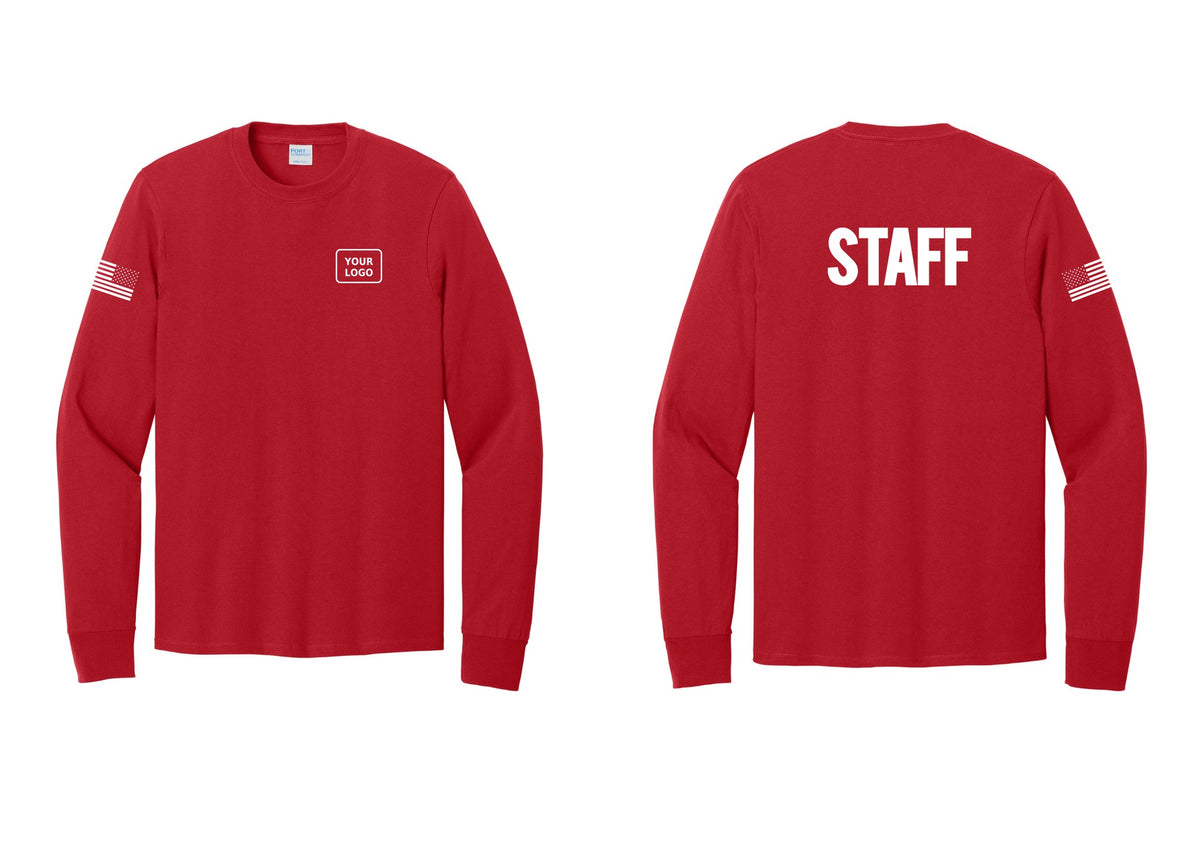 NYC Factory Custom Logo Staff Cotton Long Sleeve T-Shirt (Bold) - Your Logo + Back + US Flag Sleeve - Red