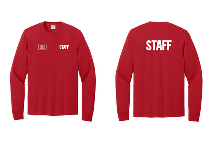 NYC Factory Custom Logo Staff Cotton Long Sleeve T-Shirt (Bold) - STAFF + Your Logo + Back - Red