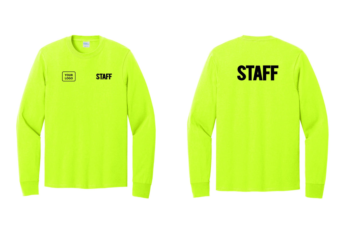 NYC Factory Custom Logo Staff Cotton Long Sleeve T-Shirt (Bold) - STAFF + Your Logo + Back - Safety Green
