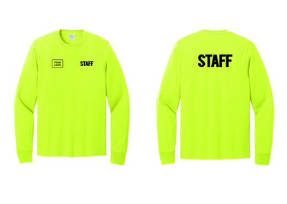 NYC Factory Custom Logo Staff Cotton Long Sleeve T-Shirt (Bold) - STAFF + Your Logo + Back - Safety Green