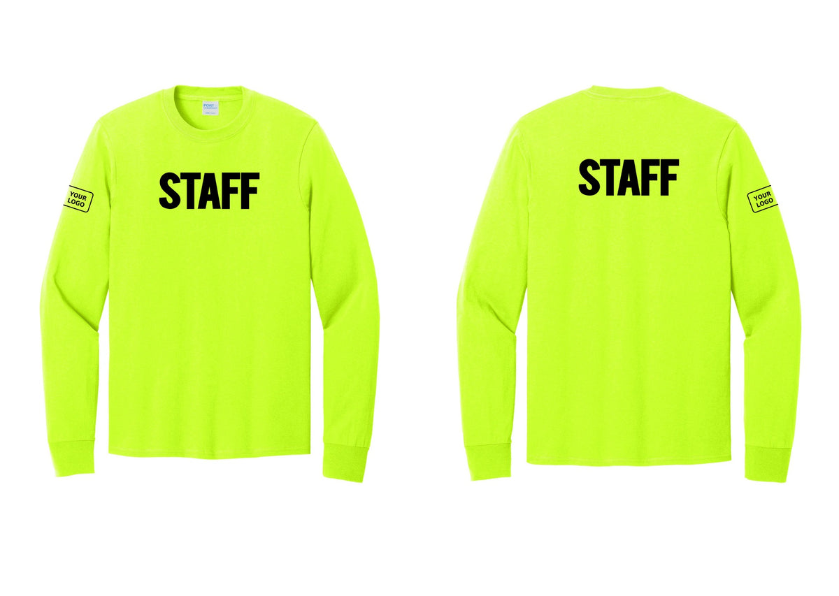 NYC Factory Custom Logo Staff Cotton Long Sleeve T-Shirt (Bold) - Front + Back + Your Logo Sleeve - Safety Green
