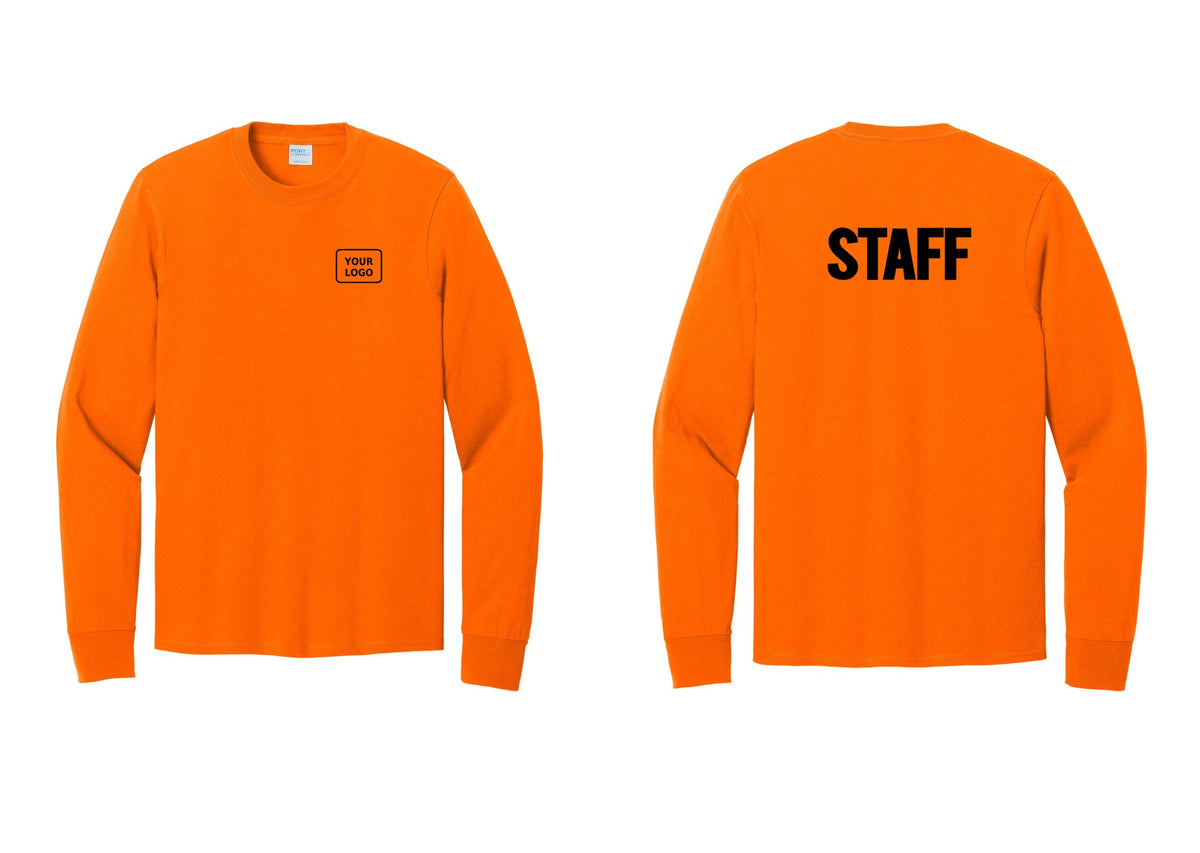 NYC Factory Custom Logo Staff Cotton Long Sleeve T-Shirt (Bold) - Your Logo + Back - Safety Orange