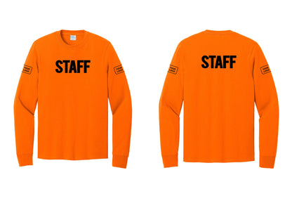 NYC Factory Custom Logo Staff Cotton Long Sleeve T-Shirt (Bold) - Front + Back + Your Logo Sleeves - Safety Orange
