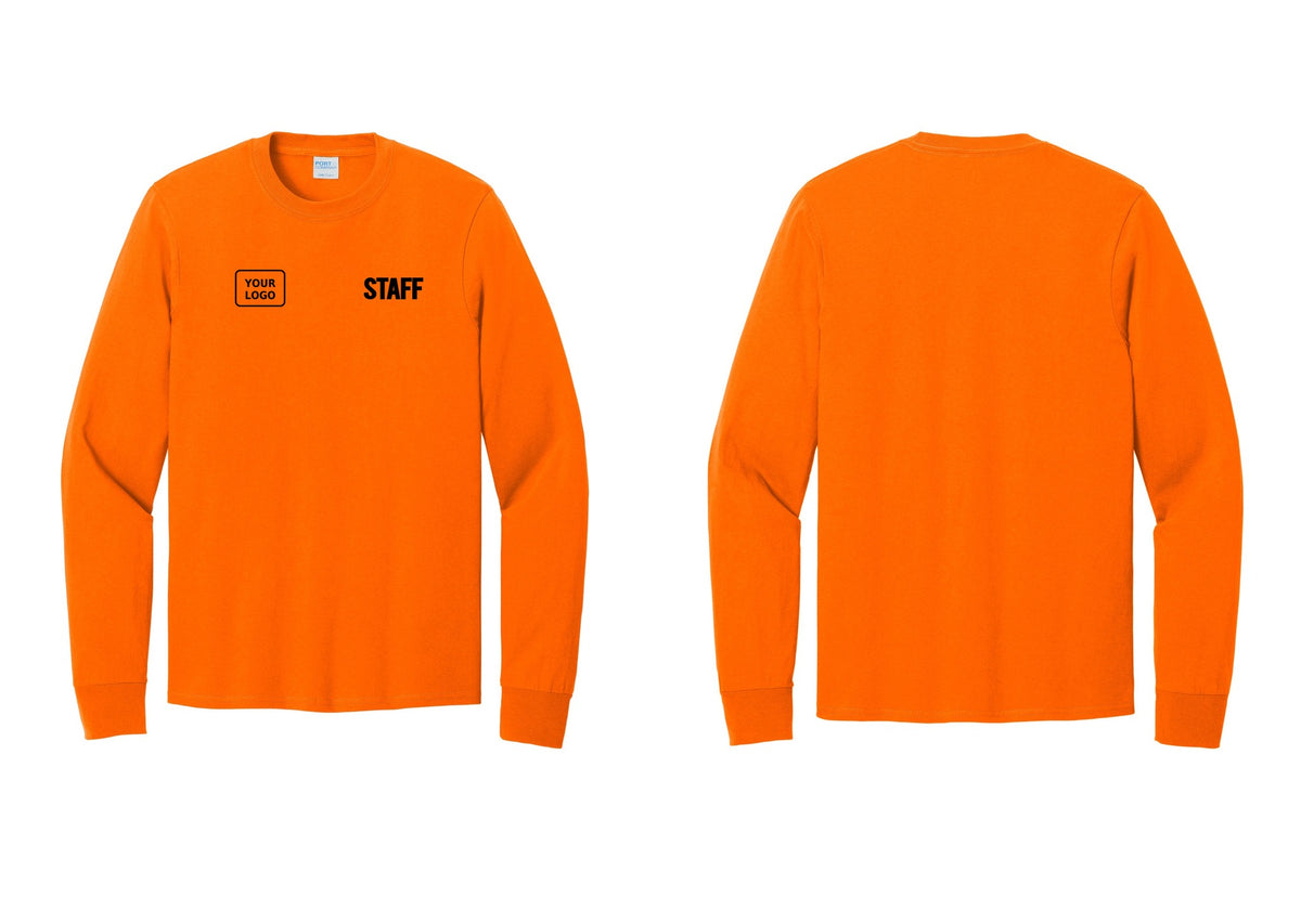 NYC Factory Custom Logo Staff Cotton Long Sleeve T-Shirt (Bold) - STAFF + Your Logo - Safety Orange
