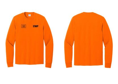 NYC Factory Custom Logo Staff Cotton Long Sleeve T-Shirt (Bold) - STAFF + Your Logo - Safety Orange
