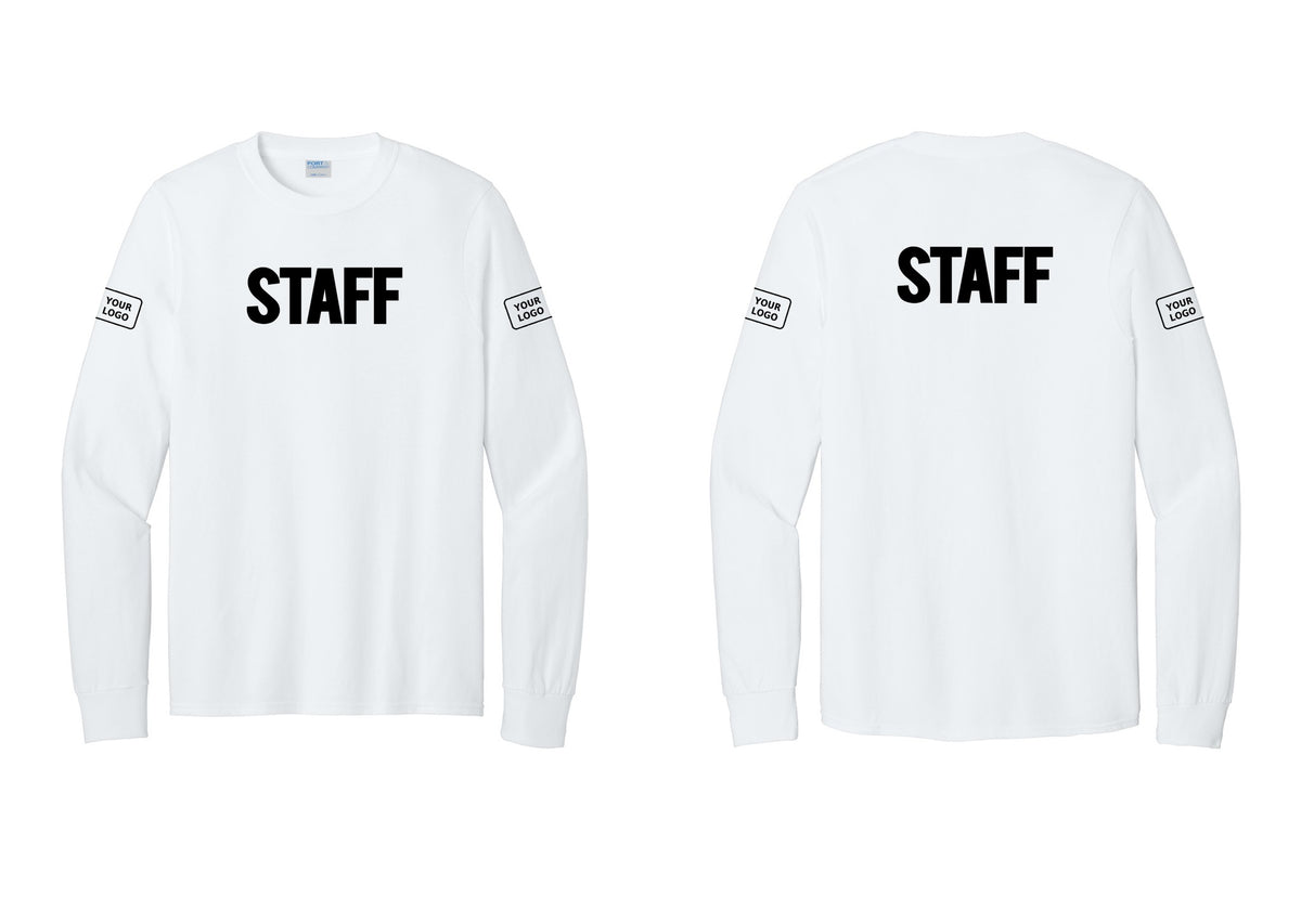 NYC Factory Custom Logo Staff Cotton Long Sleeve T-Shirt (Bold) - Front + Back + Your Logo Sleeves - White