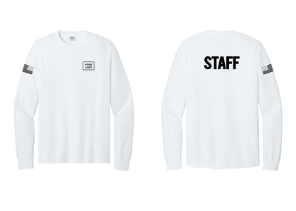 NYC Factory Custom Logo Staff Cotton Long Sleeve T-Shirt (Bold) - Your Logo + Back + US Flag Sleeve - White