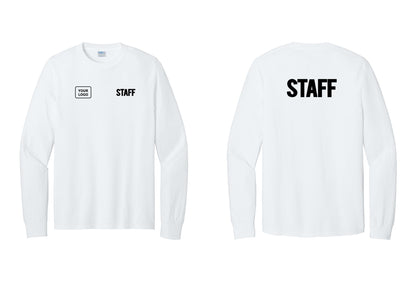 NYC Factory Custom Logo Staff Cotton Long Sleeve T-Shirt (Bold) - STAFF + Your Logo + Back - White